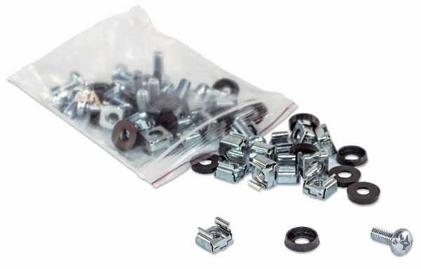 INT Cage Nut Set, 50x M6 cage nuts, 50x M6 screws, 50x Plastic Washers